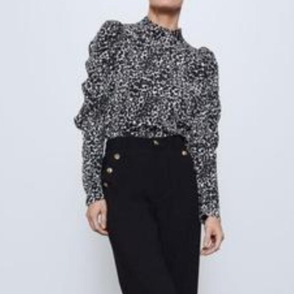 Zara Animal Print Long Sleeve Lightweight Black and White Women's Top Size XL - Picture 2 of 15